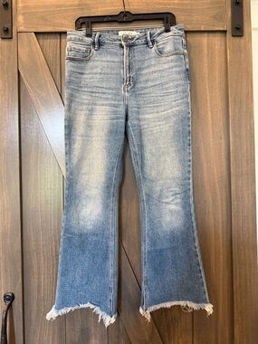 Hidden Cropped Light Blue Flare Jeans with Frayed  Split Hem